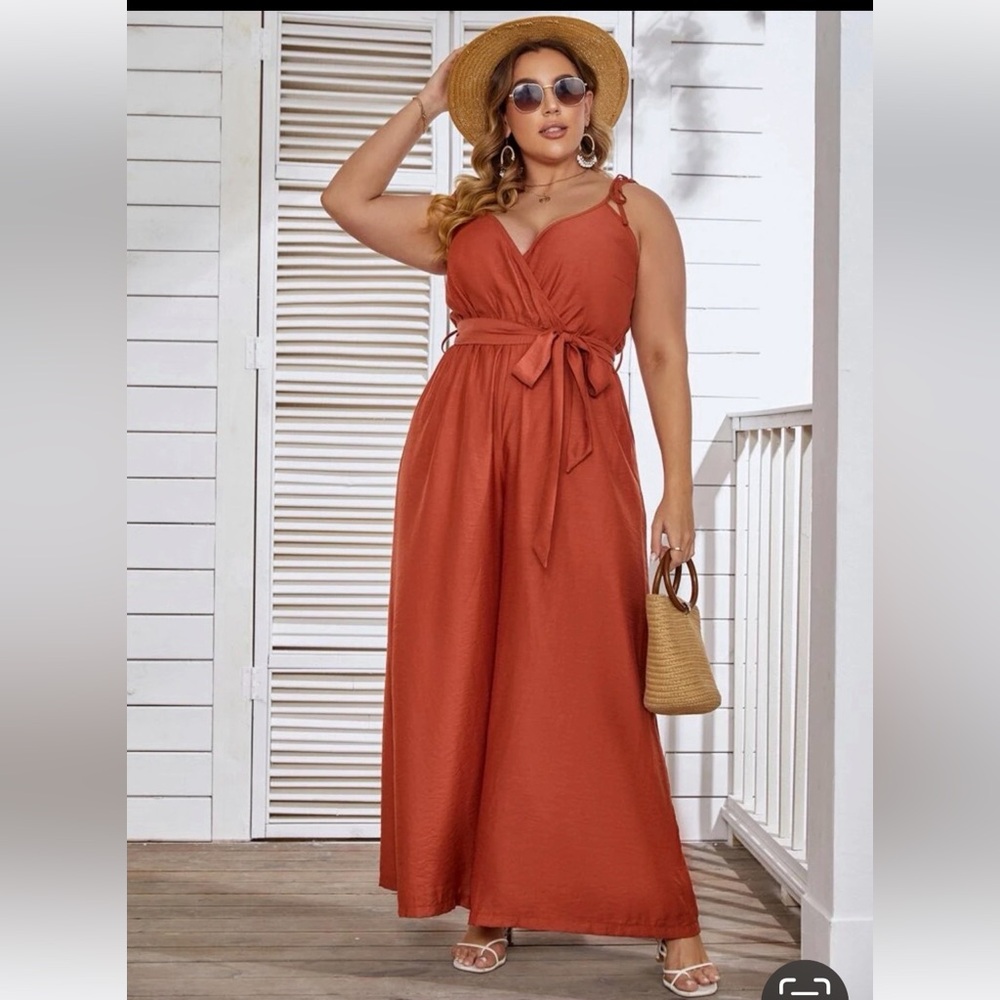 Beautiful Coral Color Wide Leg Plus Size Belted Jumpsuit Romper ♥️ Lagenlook